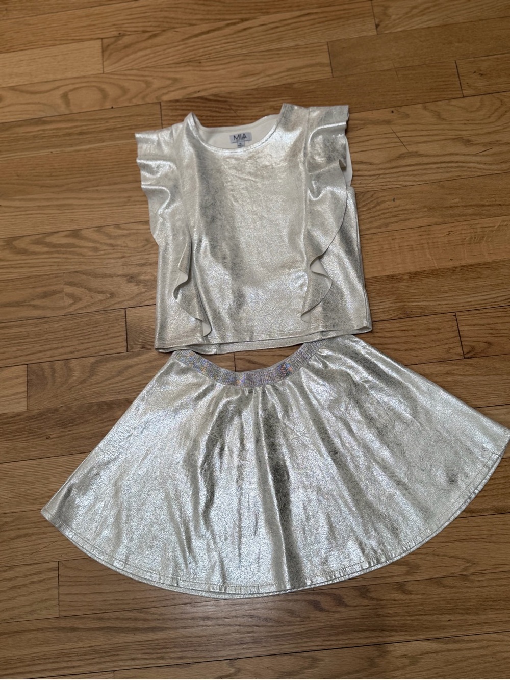 MIA Silver Metallic Ruffle Sleeve Top & Skirt Set